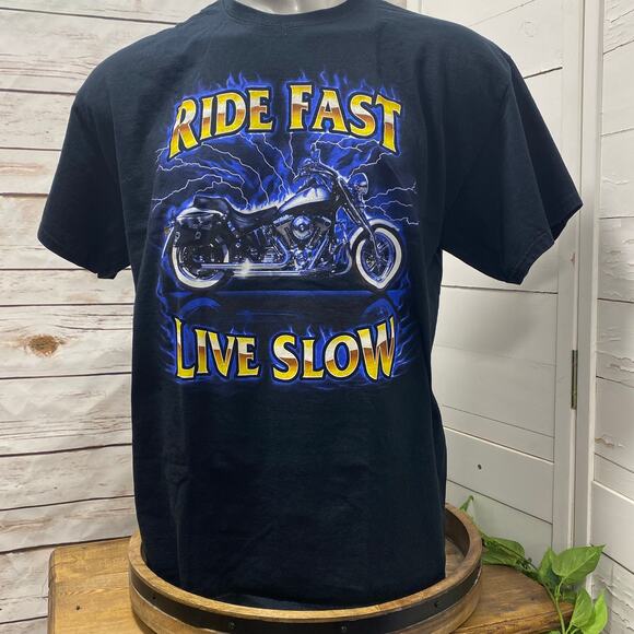 Ride Fast Live Slow Motorcycle Lightning TShirt Bike Biker Cycle Wheels Tires XL - Picture 1 of 4